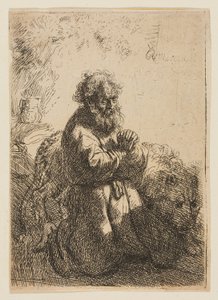 Der heilige Hieronymus kniend im Gebet, nach unten blickend von Rembrandt van Rijn