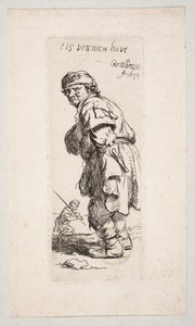 Stehender Bauer nach links gewandt und Figur mit Stock im Hintergrund "Tis vinnich Kout" von Rembrandt van Rijn