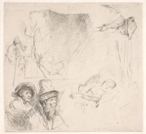 Studienblatt, u.a. mit einer bettlägerigen Frau von Rembrandt van Rijn
