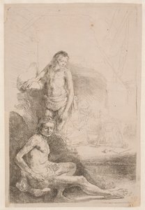 Studien vom Akt: ein sitzender und ein stehender Mann: mit einer Frau und einem Baby im Hintergrund von Rembrandt van Rijn