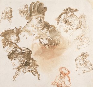 Studien von alten Männerköpfen und drei Frauen mit Kindern, ca. 1635-36 von Rembrandt van Rijn