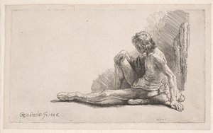 Studie vom Akt: Mann sitzt auf dem Boden mit einem ausgestreckten Bein von Rembrandt van Rijn