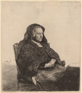 Die Mutter des Künstlers sitzt an einem Tisch und schaut nach rechts von Rembrandt van Rijn
