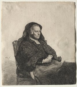 Die Mutter des Künstlers sitzt an einem Tisch, schaut nach rechts: Dreiviertellänge von Rembrandt van Rijn