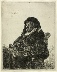 Die Mutter des Künstlers an einem Tisch sitzend, nach rechts blickend: Dreiviertellänge von Rembrandt van Rijn