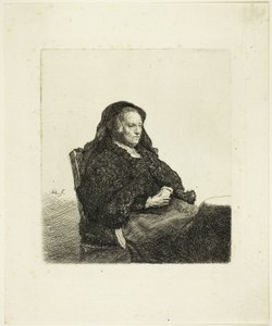 Die Mutter des Künstlers sitzt an einem Tisch, schaut nach rechts: Dreiviertellänge von Rembrandt van Rijn