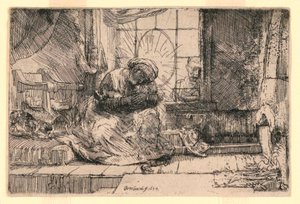 Die Jungfrau und das Kind mit der Katze und Joseph am Fenster von Rembrandt van Rijn