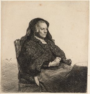 Die Mutter des Künstlers sitzt an einem Tisch von Rembrandt van Rijn