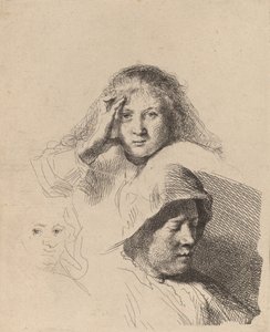 Drei Frauenköpfe, einer leicht geätzt, um 1637 von Rembrandt van Rijn