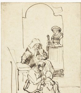 Drei Frauen und ein Kind an einer Tür von Rembrandt van Rijn
