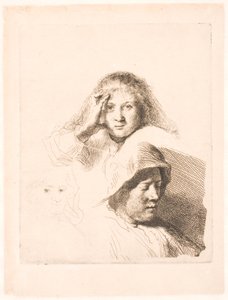 Drei Frauenköpfe, einer leicht geätzt von Rembrandt van Rijn