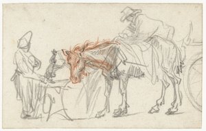 Zwei Pferde an einem Rastplatz von Rembrandt van Rijn
