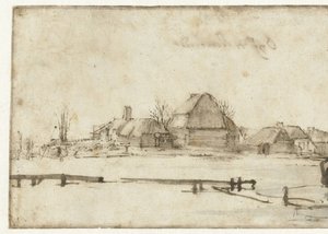 Winteransicht mit Wasserweg, Hütten und zwei Booten von Rembrandt van Rijn