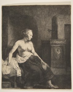 Halb angezogene Frau sitzt neben einem Ofen, 1658