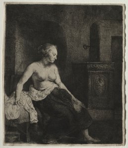 Frau sitzt halb angezogen neben einem Ofen, 1658