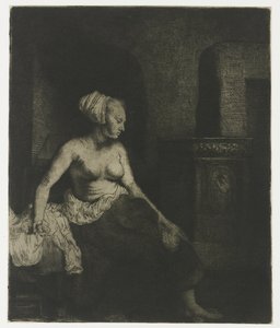 Halb angezogene Frau sitzt neben einem Ofen von Rembrandt van Rijn