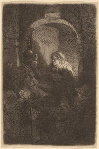 Frau an einer Türluke spricht mit einem Mann und Kindern (Der Schulmeister) von Rembrandt van Rijn