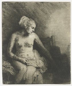 Frau beim Bad, mit einem Hut neben ihr von Rembrandt van Rijn