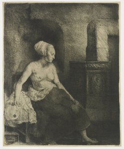 Frau sitzt halb angezogen neben einem Ofen von Rembrandt van Rijn