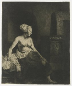 Frau sitzt halb angezogen neben einem Ofen von Rembrandt van Rijn
