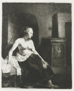 Halb bekleidete Frau sitzt neben einem Ofen von Rembrandt van Rijn