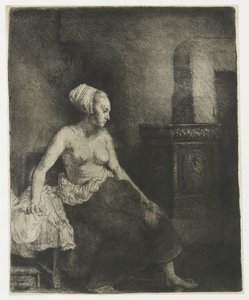 Halb bekleidete Frau sitzt neben einem Ofen von Rembrandt van Rijn