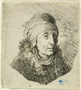 Frau mit hohem Kopfschmuck um das Kinn gewickelt: Büste von Rembrandt van Rijn