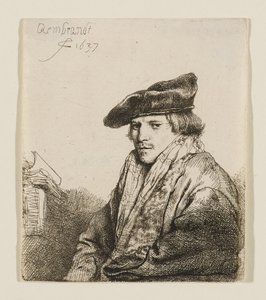 Junger Mann mit Samtkappe und Büchern neben sich von Rembrandt van Rijn