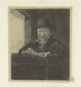 Selbstporträt, zeichnend am Fenster (Recueil de quatre-vingt-cinq estampes originales) von Rembrandt van Rijn