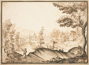 Landschaft mit einem Kuppelgebäude von Remigio Cantagallina