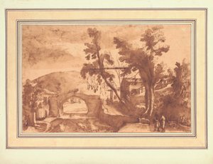 Eine bergige Landschaft mit einer Brücke über einen Fluss, Figuren auf einer Straße bei einem Bauernhof rechts von Remigio Cantagallina