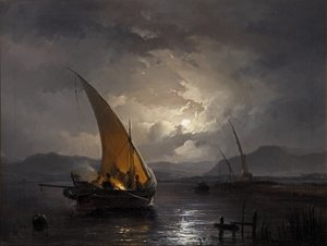 Eine nächtliche Landschaft mit einem Segelboot, in dem ein Feuer entzündet wird, nach 1860