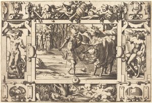 Jason zähmt die beiden Stiere des Mars von René Boyvin after Leonard Thiry