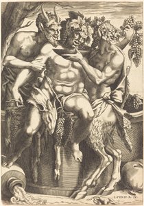 Zwei Satyrn geben Bacchus zu trinken von René Boyvin after Luca Penni