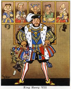 König Heinrich VIII. schmückt die Porträts seiner Frauen mit Stechpalmen, Misteln und einem Kranz für Weihnachten, 1936