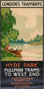 Hyde Park, Pullman-Straßenbahnen zum West End, London County Council LCC Straßenbahnen Poster, 1930 von Rene Blair