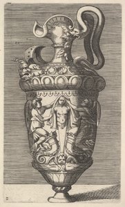 Vase mit zwei geflügelten Figuren, die einen Pfeiler drapieren, 17. Jahrhundert