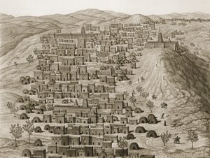Ansicht eines Teils der Stadt Timbuktu von einem Hügel aus, Illustration aus Journal dun Voyage a Tombouctou et a Jenne, 1830