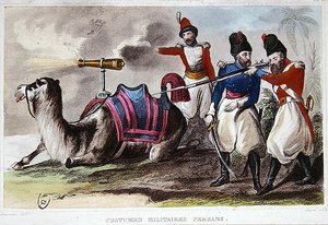 Persische Militärkostüme des 19. Jahrhunderts und ein Kamel mit einer Kanone, um 1840 von Rene Demoraine