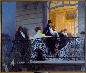 Belle Epoque: Der Balkon, Gesellschaftsabend, ein Mann macht Handsex mit der Gastgeberin von René François Xavier Prinet