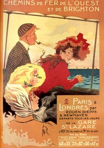 Werbeplakat von Rene Pean für die West- und Brighton-Eisenbahngesellschaft für die Paris-London-Linie über Rouen, Dieppe und Newhaven, Ende des 19. Jahrhunderts