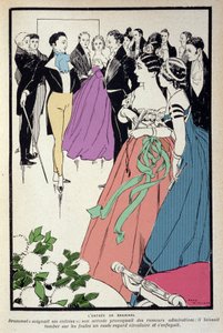 Darstellung von Beau Brummell (George Bryan Brummell) (1778-1840) bei einem gesellschaftlichen Empfang, er prägte den Ausdruck „Dandy“ und spielte eine wichtige Rolle in der Herrenmode. Illustration von René Vincent (1879-1936).