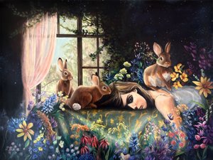 Schlafendes Mädchen mit Kaninchen