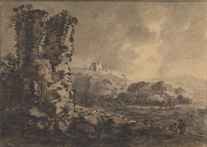 Klassische Landschaft mit Ruine links, zwei Figuren rechts