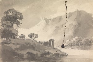 Landschaft mit Schloss, Fluss und Berg
