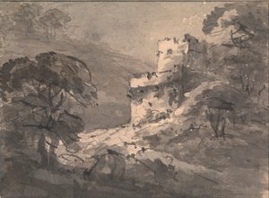 Landschaft mit einer Ruine auf der rechten Seite