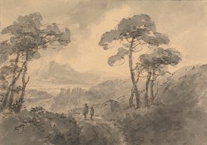 Berglandschaft mit zwei Figuren auf einer kurvigen Straße