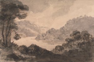 Gebirgslandschaft mit Fluss, Bäumen und Laub im Vordergrund