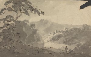 Zwei Männer blicken in eine Landschaft mit Schloss, Fluss und Bergszene