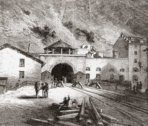 Der Fréjus-Eisenbahntunnel, auch Mont-Cenis-Tunnel genannt, Alpen, von der italienischen Seite im späten 19. Jahrhundert. Aus Italienische Bilder von Rev. Samuel Manning, veröffentlicht um 1890.